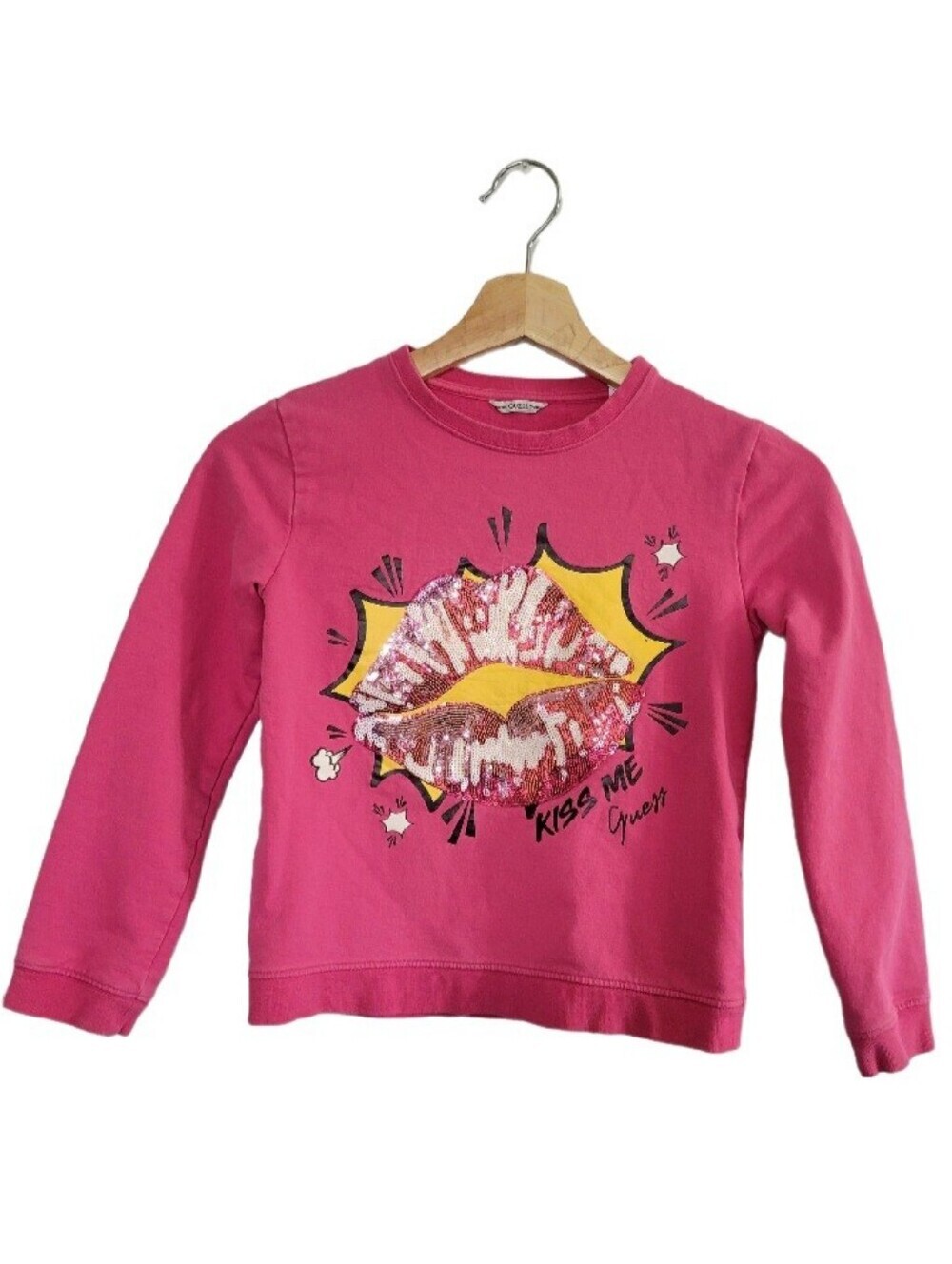 GUESS Girls' Pop Pink Sequin Lips Sweatshirt Sz 8 Glam Pop Art Style
